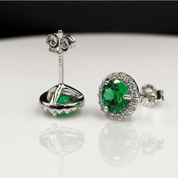 2.50CT Green Emerald Round Cut Halo Luxury Stud Earrings in Sterling Silver - Picture 7 of 11